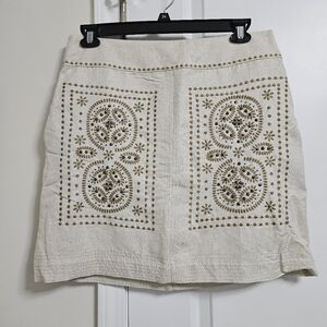 Floreat Anthropologie Embroidered Linen Blend Pencil Skirt Womens 10 Lined Sheen